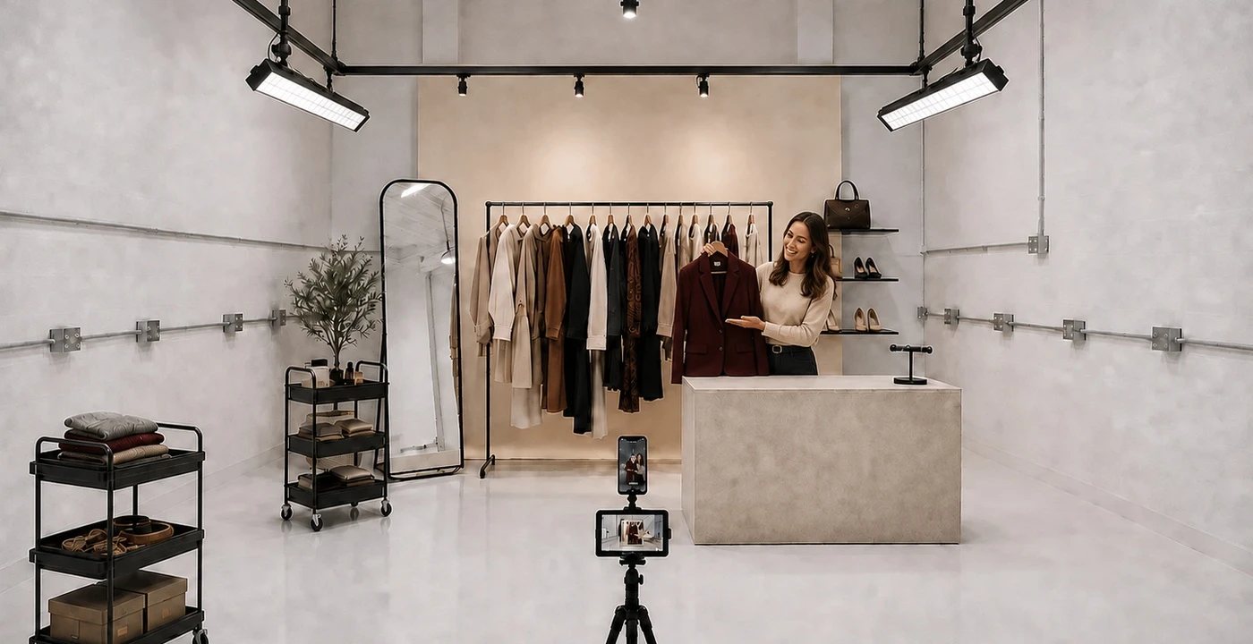 Live shopping set with presenter and clothing rail
