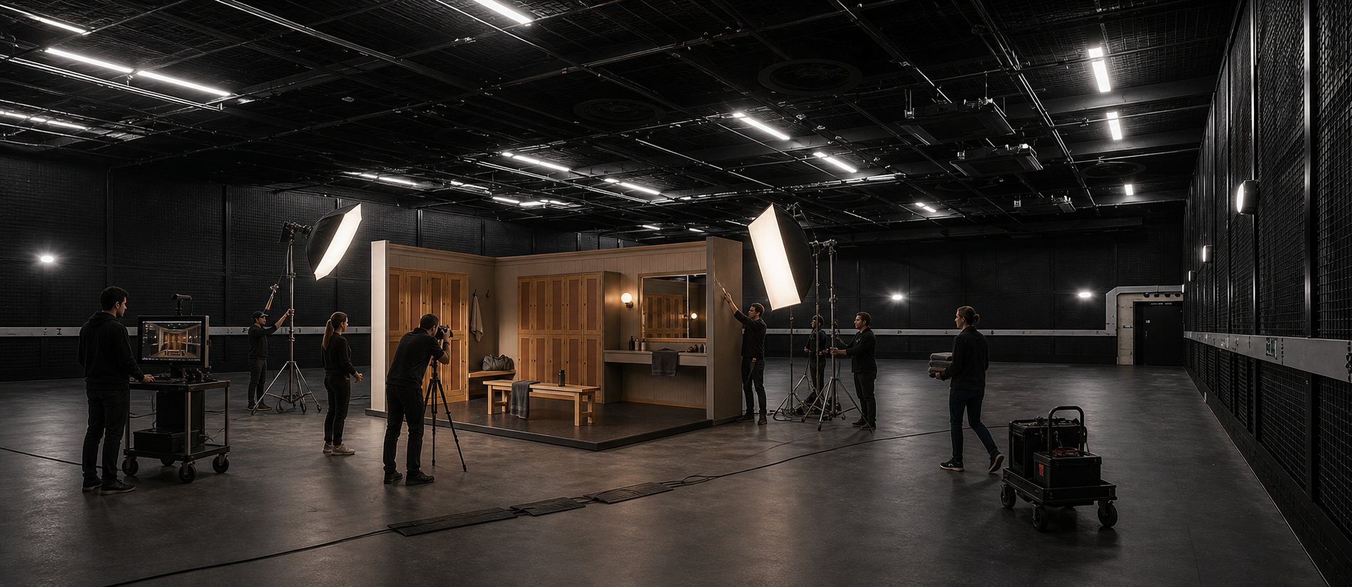 A crew lighting a set on the Studio 1 sound stage
