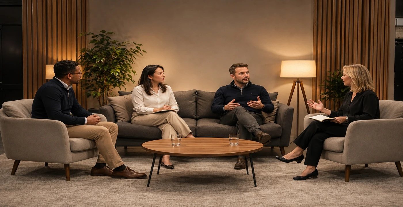 Interview practice on a lounge set