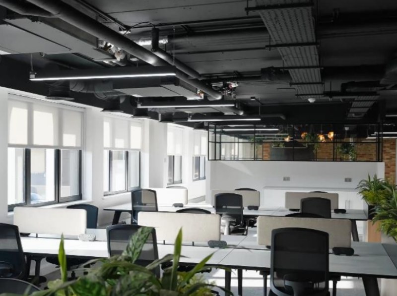 Furnished open-plan office space with desks and planters